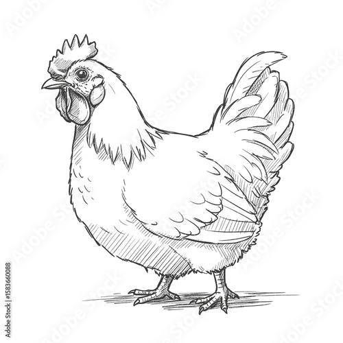 Graceful chicken with intricate feathers stands proudly on white background. Farm animal concept