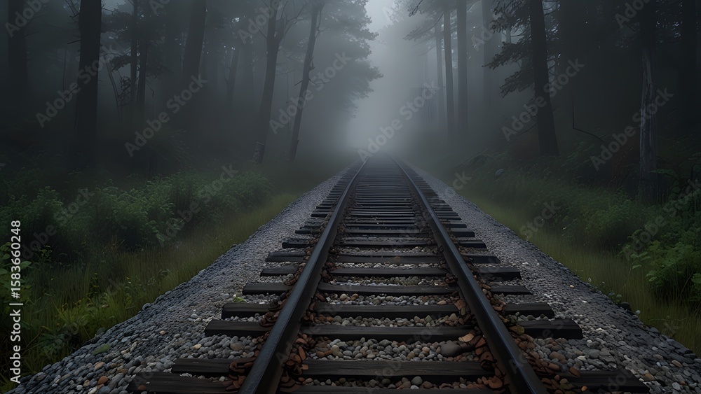Fototapeta premium Train tracks disappearing into a dense foggy forest with tall trees