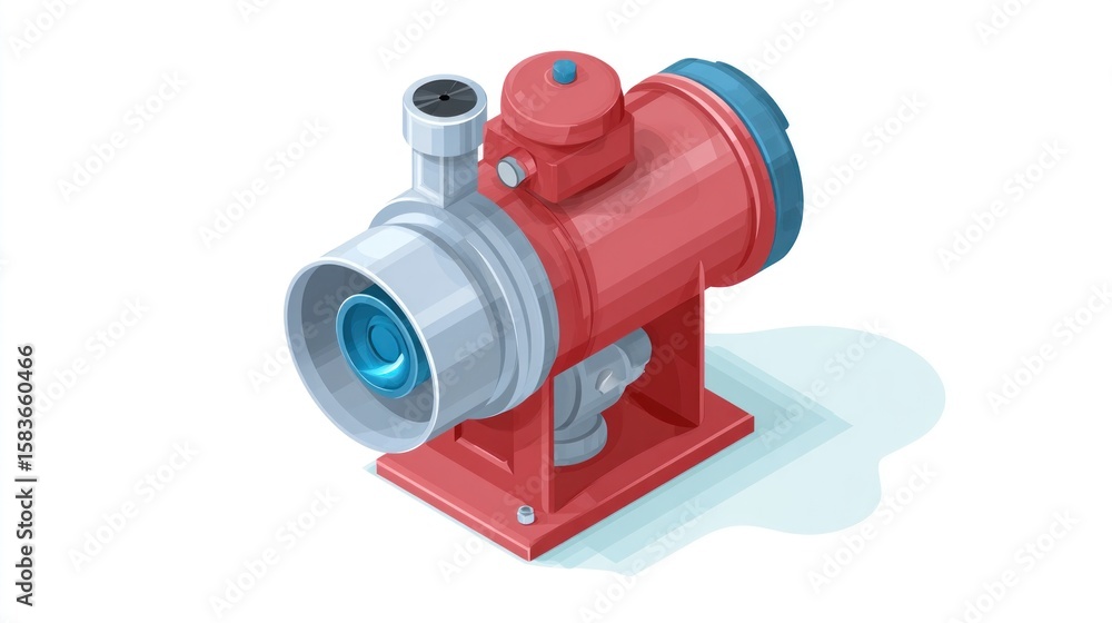 Isometric illustration of a red and gray industrial pump. It features a cylindrical body, a gray intake section, and various valves and fittings Isometric illustration of a red and gray industrial pump. It features a cylindrical body, a gray intake section, and various valves and fittings