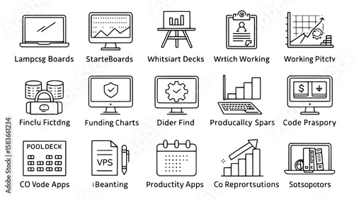 A modern 6x8 icon grid representing startup tools and resources — icons include laptops, whiteboards, pitch decks, funding charts, co-working spaces, productivity apps, and code repositories. All in a