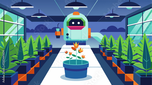 An illustration of a futuristic greenhouse where a small robotic device moves along the shelves of plants using its advanced weed detection technology to remove any unwanted. Vector illustration