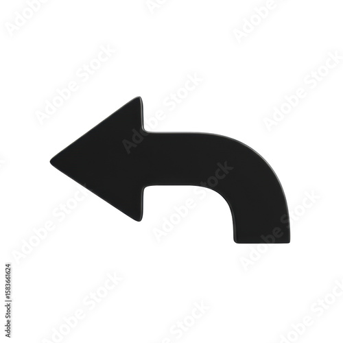 Extreme close-up of a sleek, 3D, solid black, matte curved arrow pointing left with precise contours, isolated on a transparent seamless studio background, no shadows, concept of direction