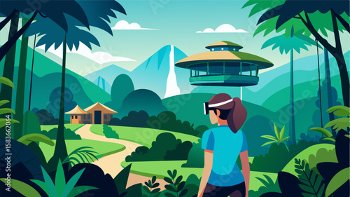 The rainforest lodge offers guided virtual reality tours giving visitors a 360degree view of the surrounding lush jungle.. Vector illustration
