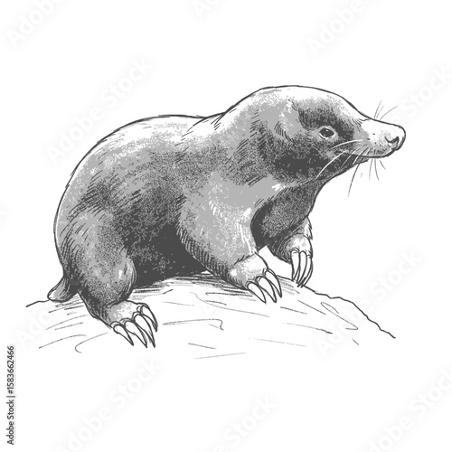 European Mole-Talpa europaea. A monochrome hand-drawn illustration of a mole standing on a soil mound. The sketch highlights its textured fur, large claws, and anatomical posture, styled in a vintage 