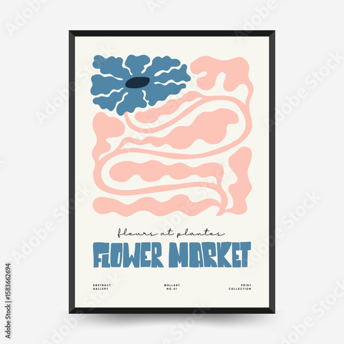 Abstract floral posters template. Modern trendy Matisse minimal style. Pink and blue colors. Hand drawn design for wallpaper, wall decor, print, postcard, cover, template, banner.