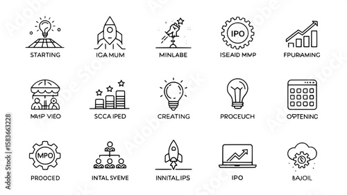 A grid of 6x8 minimalist line art icons showcasing startup development stages — from idea conception, MVP creation, product launch, to scaling and IPO. Icons are evenly spaced on a white background, u