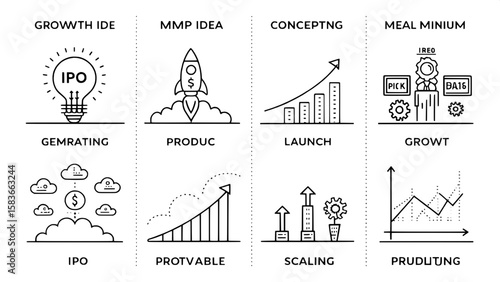A grid of 6x8 minimalist line art icons showcasing startup development stages — from idea conception, MVP creation, product launch, to scaling and IPO. Icons are evenly spaced on a white background, u