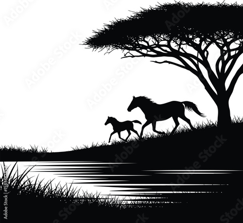 Silhouette of Horses Running Near a River Under a Tree