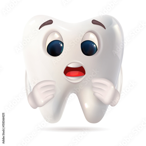 A cartoonstyle tooth character featuring an expression of surprise, with wide eyes and a mouth open in astonishment. Its quite amusing