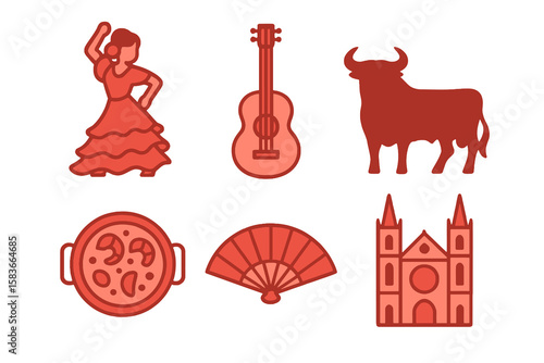 Spanish icons in light and dark red shades: flamenco dancer, guitar, bull, paella, fan, cathedral. Flat cartoon style on transparent.