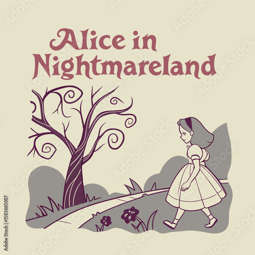 A VIVID, VIBRANT, CONTOURED colored pencil illustration of Alice in Wonderland walking towards a massive purple Cheshire Cat head.