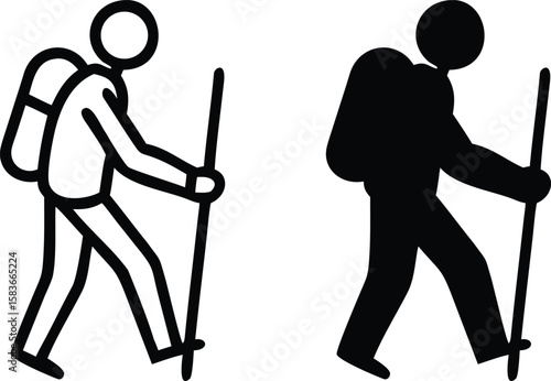 Hiking Person Icon Set – Black and White Trekker with Backpack and Walking Stick Vector