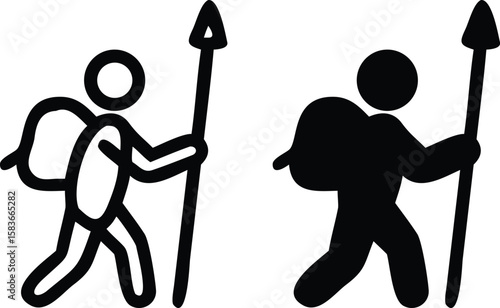 Hiking Stickman Icon Set – Black and White Hiker with Backpack and Pole Vector Illustration