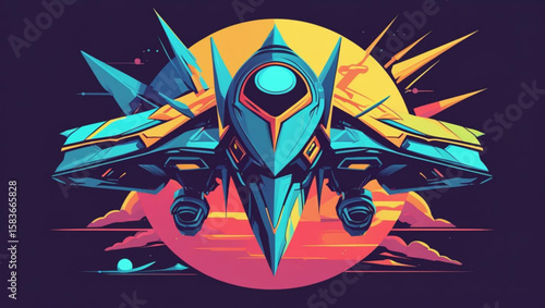 Cosmic Raider: A retro-futuristic jet illustration for a t-shirt design Futuristic sci-fi mecha starfighter with a retro sunset background
