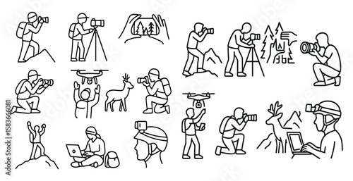 Series of people in various poses, one of which is holding a camera. Concept of photography and the different ways people can capture moments
