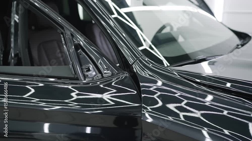 Black car body repair process in professional workshop
