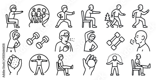 Series of images of people doing various exercises, including yoga, situps, and pushups