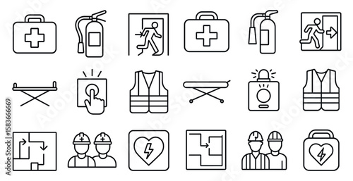 Collection of safety symbols and icons, including a fire extinguisher, a first aid kit, and a person in a safety vest