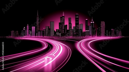 Pink neon highway leading to a city skyline at night