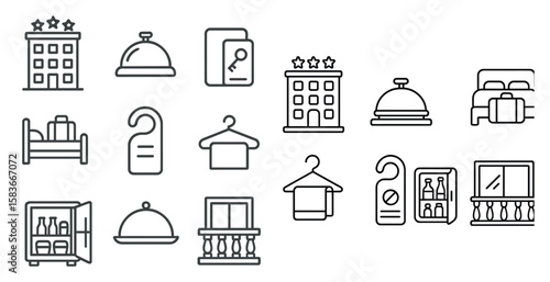 Collection of hotel icons including a key, a hotel room, a hotel room sign, a hotel room door, a hotel room window, a hotel room door handle, a hotel room doorbell, a hotel room door, a hotel room d