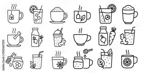 Series of coffee cups and other drinks, including tea, juice, and smoothies. The cups are lined up in a row, with some containing hot beverages and others containing cold drinks