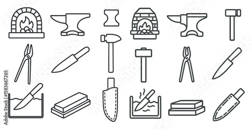 Collection of tools and utensils, including knives, hammers, and scissors. Concept of craftsmanship and manual labor