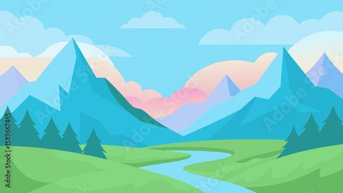Serene Cartoon Mountain Valley with Soft Tones