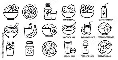 Series of food and drink icons, including bowls, cups, and bottles, with the words "Protein Bowl" and "Protein Shake" written below them
