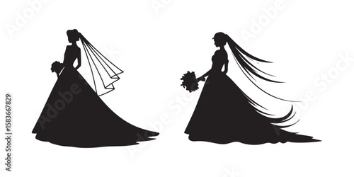 Elegant Bride with Bouquet and Veil Silhouette Design for Wedding Themes