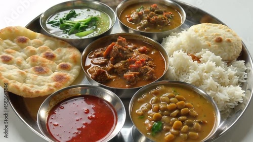 Indian thali meal food lunch dinner cuisine rice bread curry vegetable delicious plate traditional typical indian food.