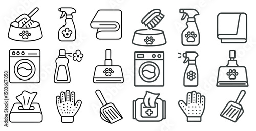 Set of cleaning supplies for pets. The items include a pet brush, pet shampoo, pet wipes, and a pet towel