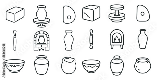 Collection of pottery items including bowls, vases, and a bowl with a handle. The items are all drawn in a simple, stylized way