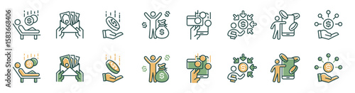 set of success profit earning icon line vector business passive income payment achievement finance people hand hold salary commission money dollar gain paycheck signs illustration