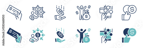 business profit earning icon line set success finance passive income achievement hand holding salary paycheck dollar coin vector illustration people commission gain money symbol design