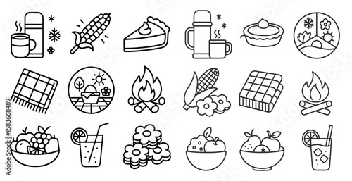 Collection of food and drink icons, including a pie, a cake, a cup of coffee, and a bowl of fruit
