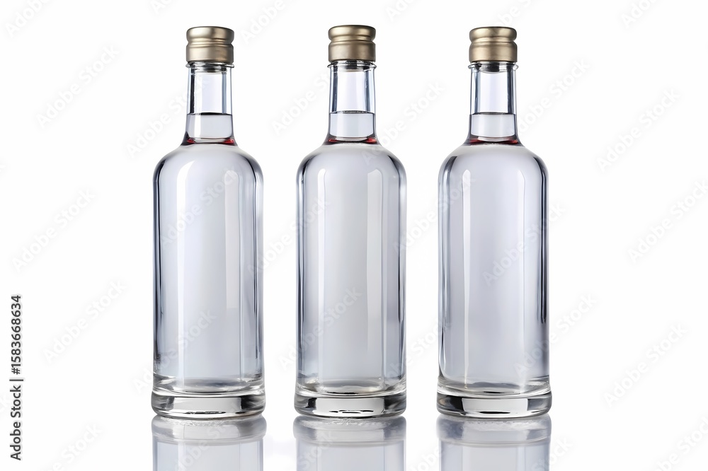 Three elegant glass bottles with golden caps on a reflective surface Three elegant glass bottles with golden caps on a reflective surface
