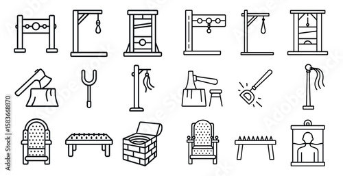 Set of black and white drawings of various objects, including chairs, beds, and tables. Scene is somewhat dark and ominous, with some of the objects appearing to be used for punishment or torture
