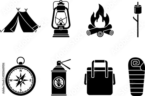 Collection of camping icons including tent lantern campfire marshmallow compass bug spray cooler and sleeping bag isolated on transparent background