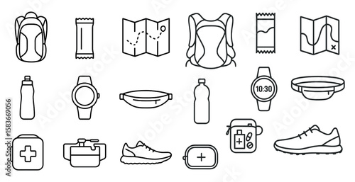 Collection of items that are related to travel and fitness. The items include a backpack, a watch, a water bottle, a map, and a sports watch