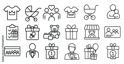 Set of icons for various gifts and presents, including a teddy bear, a baby stroller, and a baby gift card
