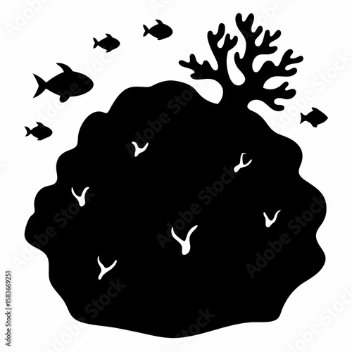 Silhouette of a coral covered rock with small marine life isolated on white background