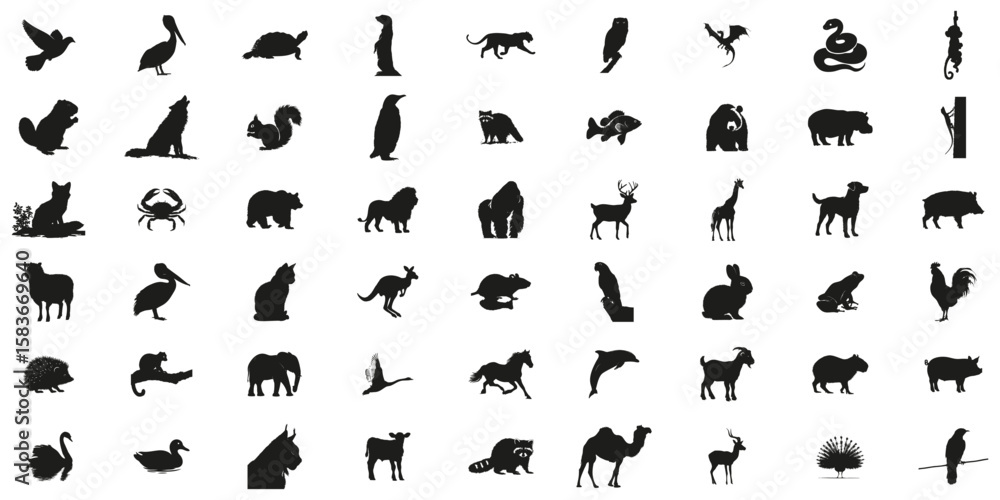 Obraz premium Animal Silhouettes In Icon Set. Wildlife And Domestic Animal Symbol Collection. Environmental And Educational Use. Isolated Vector Illustration