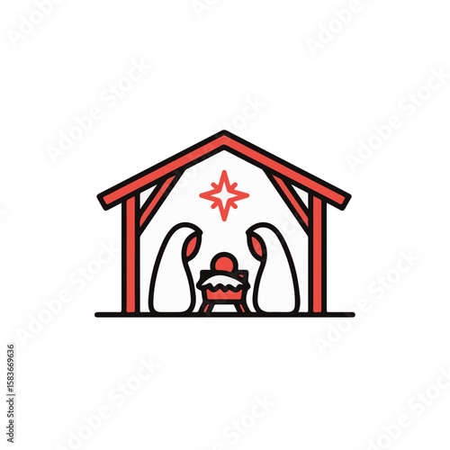 Nativity scene illustration depicting a humble shelter with central figures.