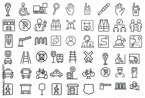 Collection of icons for various transportation modes and services. The icons include a bus, a bicycle, a car, a taxi, a truck, a police officer, a traffic light, a parking meter, and a hand