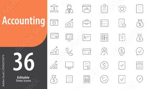 Accounting Line Icons, Calculator, Ledger, Invoice, Tax Document, Financial Report, Editable Formats: AI, EPS, PNG, Ideal for Both UI and Print Media Use
