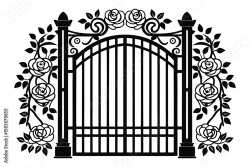 Elegant black and white gate adorned with roses and swirls