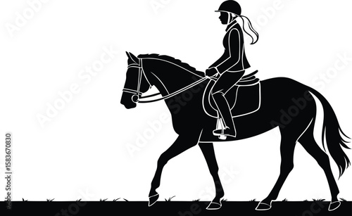 Silhouette of a horse and rider, equestrian sport, dressage, black and white.