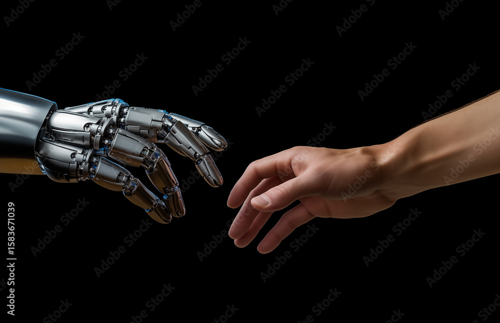 Fototapeta premium A human hand extends intentionally toward a robotic arm, symbolizing the interaction between humans and technology. The background is completely dark, emphasizing the contrast