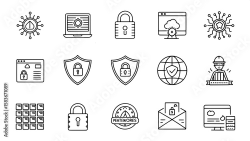 A grid of vector icons using clean, simple black outlines, representing enterprise-level security systems such as server room locks, biometric access, encrypted databases, CCTVs, and audit logs. The l