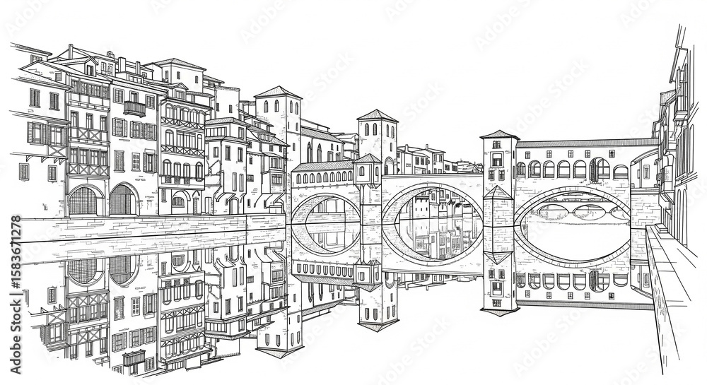 Fototapeta premium An illustration of a bridge over water, reflecting surrounding buildings.